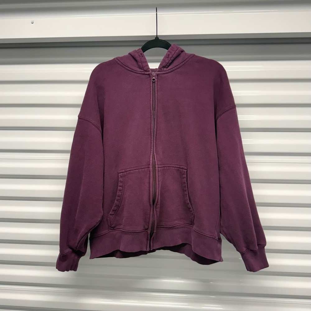 Quince Organic Cotton Heavyweight Fleece Boyfriend Full Zip Hoodie Plum XL